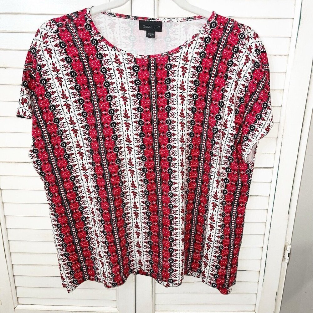 J Jill Wearever Collection Top Floral Striped Short Sleeve Rayon Blend Women Med